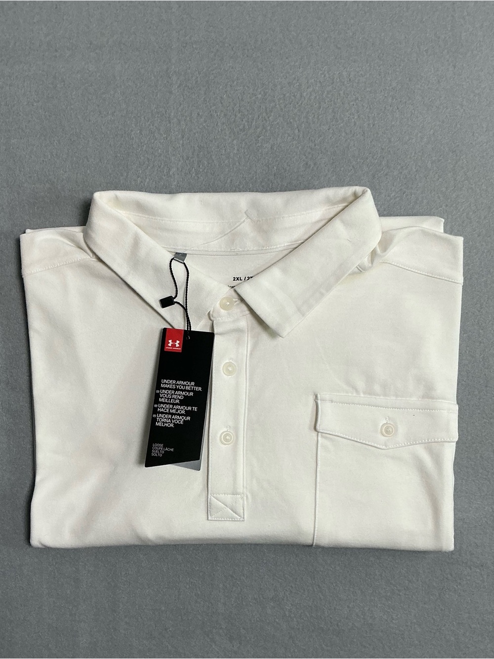Under Armour Men’s 2XL Loose Fit White Pocket Polo Shirt NWT